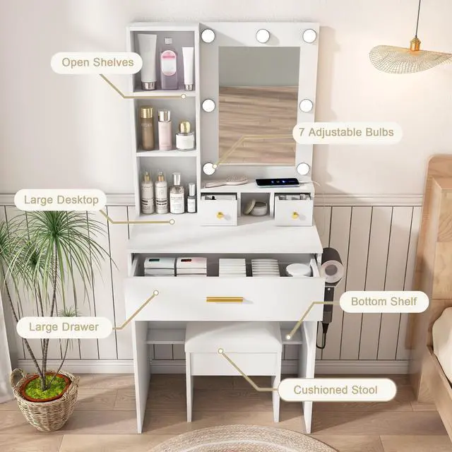 Alt view image 6 of 7 - Vanity Table with Mirror & Adjustable LED Lights, Power Outlet, Hairdryer Holder & Stool Compact Dressing Desk for Small Bedrooms(White)