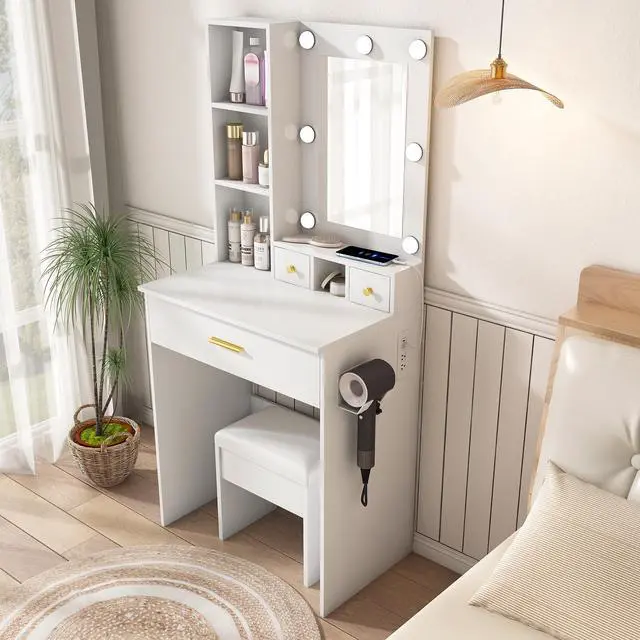 Alt view image 4 of 7 - Vanity Table with Mirror & Adjustable LED Lights, Power Outlet, Hairdryer Holder & Stool Compact Dressing Desk for Small Bedrooms(White)