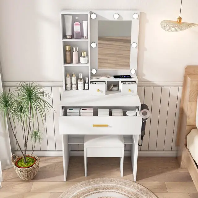 Alt view image 5 of 7 - Vanity Table with Mirror & Adjustable LED Lights, Power Outlet, Hairdryer Holder & Stool Compact Dressing Desk for Small Bedrooms(White)