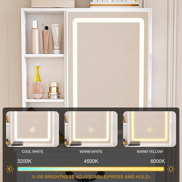 Alt view image 6 of 7 - Modern Mini Dressing Table with LED-lit Mirror & Hidden Storage,Includes Padded Stool,Adjustable Brightness Vanity Desk,Multi-tier Dust-proof Shelves,White