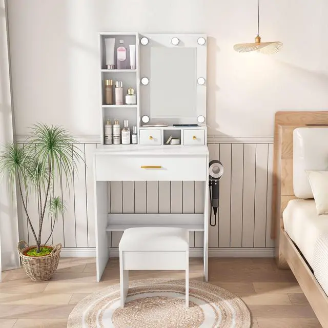 Alt view image 2 of 7 - Vanity Table with Mirror & Adjustable LED Lights, Power Outlet, Hairdryer Holder & Stool Compact Dressing Desk for Small Bedrooms(White)