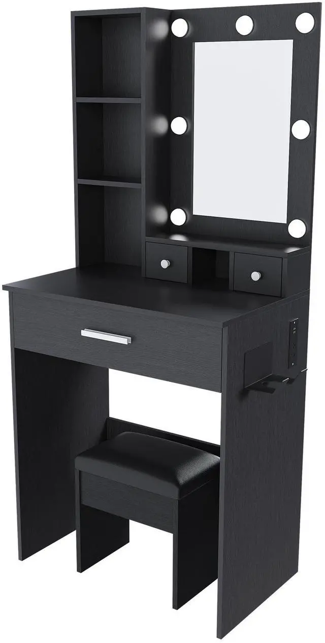 Main image of Vanity Table with Mirror & Adjustable LED Lights, Power Outlet, Hairdryer Holder & Stool Compact Dressing Desk for Small Bedrooms(Black)