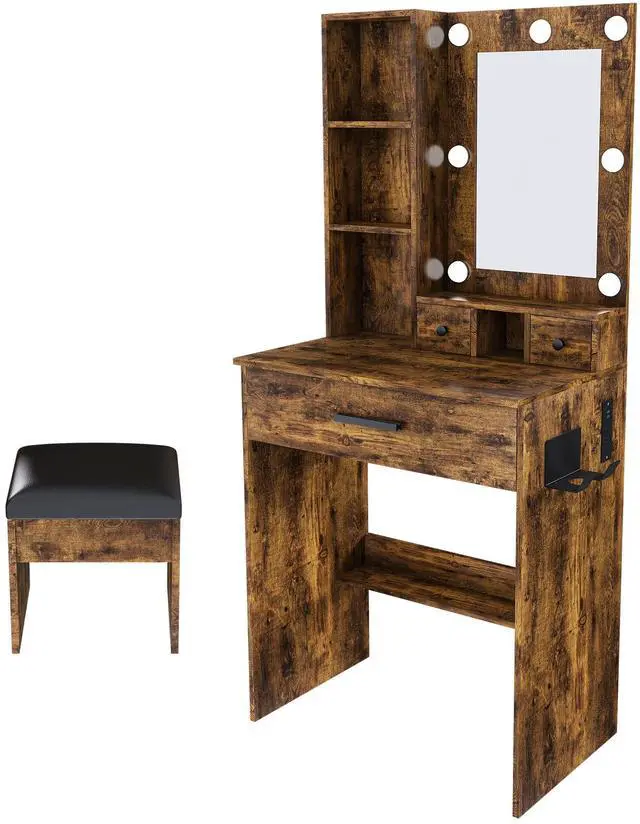Main image of Vanity Table with Mirror & Adjustable LED Lights, Power Outlet, Hairdryer Holder & Stool Compact Dressing Desk for Small Bedrooms(Vintage)