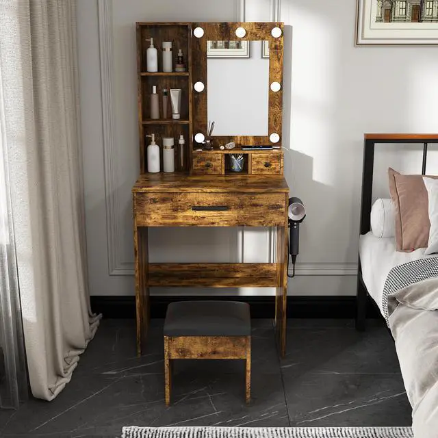 Alt view image 2 of 7 - Vanity Table with Mirror & Adjustable LED Lights, Power Outlet, Hairdryer Holder & Stool Compact Dressing Desk for Small Bedrooms(Vintage)