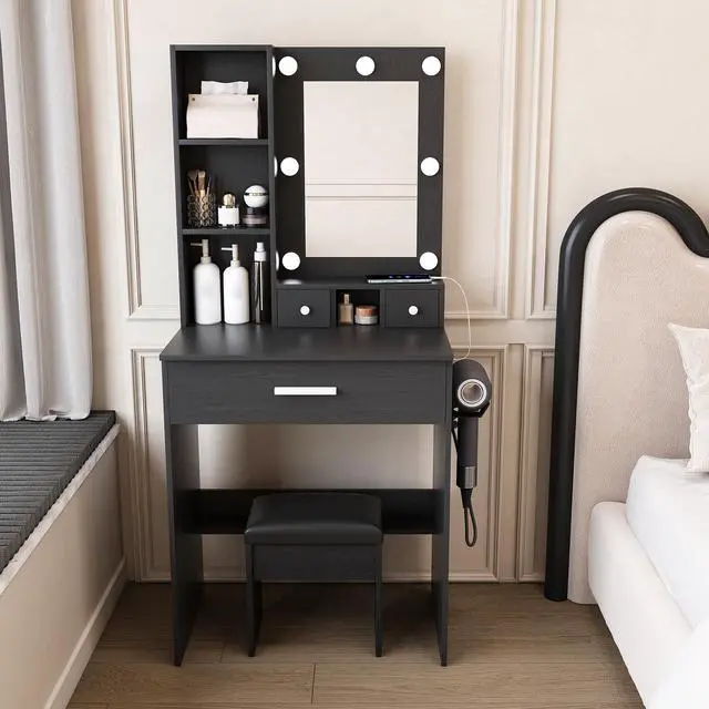 Alt view image 2 of 7 - Vanity Table with Mirror & Adjustable LED Lights, Power Outlet, Hairdryer Holder & Stool Compact Dressing Desk for Small Bedrooms(Black)