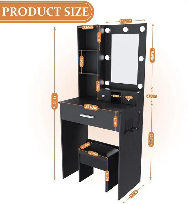 Alt view image 3 of 7 - Vanity Table with Mirror & Adjustable LED Lights, Power Outlet, Hairdryer Holder & Stool Compact Dressing Desk for Small Bedrooms(Black)