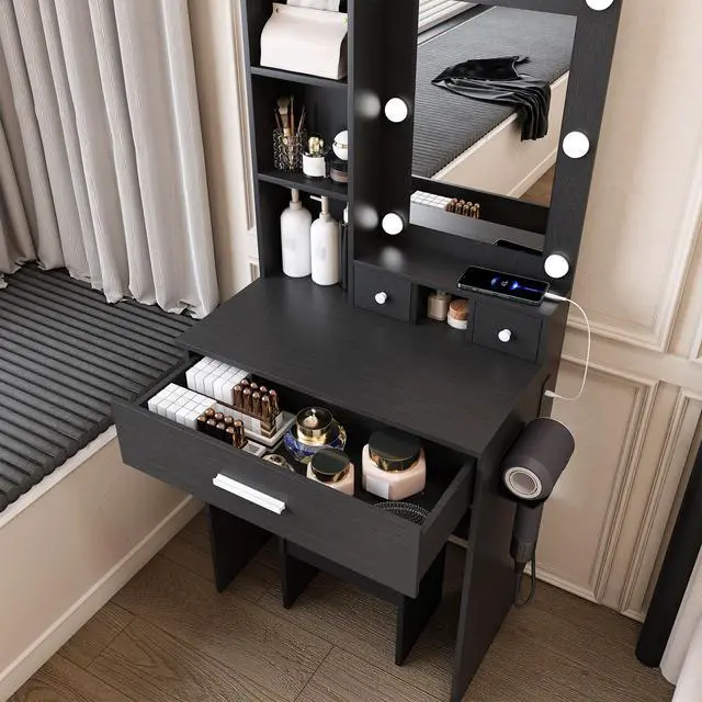 Alt view image 5 of 7 - Vanity Table with Mirror & Adjustable LED Lights, Power Outlet, Hairdryer Holder & Stool Compact Dressing Desk for Small Bedrooms(Black)