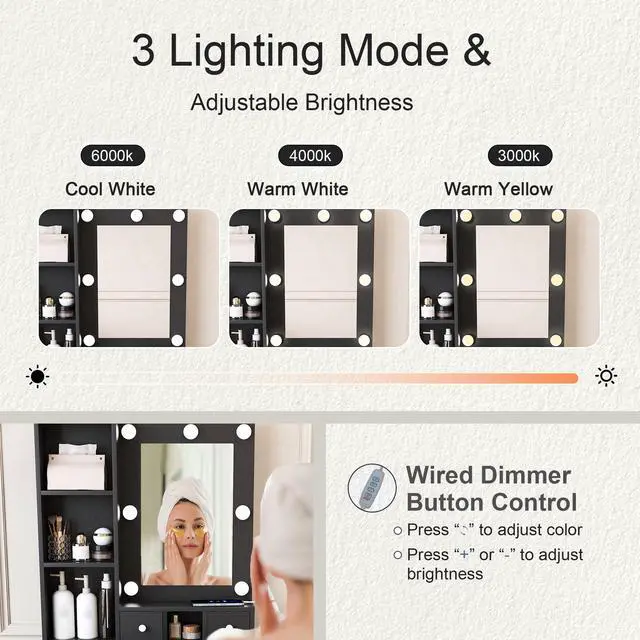 Alt view image 7 of 7 - Vanity Table with Mirror & Adjustable LED Lights, Power Outlet, Hairdryer Holder & Stool Compact Dressing Desk for Small Bedrooms(Black)