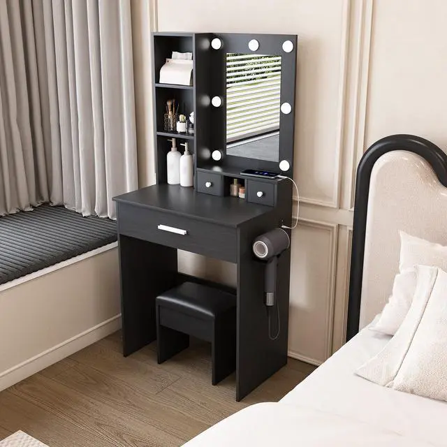 Alt view image 4 of 7 - Vanity Table with Mirror & Adjustable LED Lights, Power Outlet, Hairdryer Holder & Stool Compact Dressing Desk for Small Bedrooms(Black)