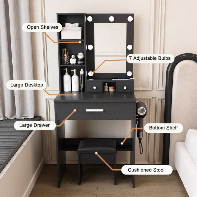 Alt view image 6 of 7 - Vanity Table with Mirror & Adjustable LED Lights, Power Outlet, Hairdryer Holder & Stool Compact Dressing Desk for Small Bedrooms(Black)