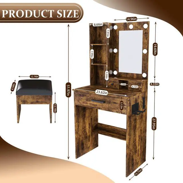 Alt view image 3 of 7 - Vanity Table with Mirror & Adjustable LED Lights, Power Outlet, Hairdryer Holder & Stool Compact Dressing Desk for Small Bedrooms(Vintage)