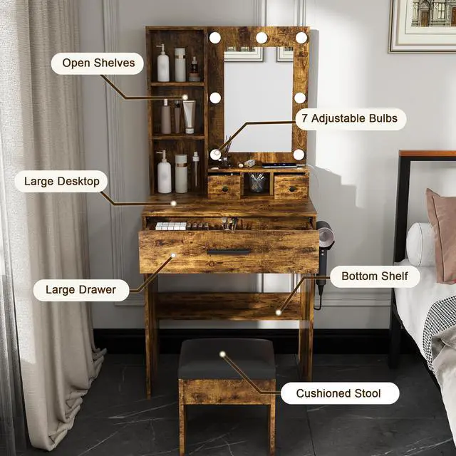 Alt view image 5 of 7 - Vanity Table with Mirror & Adjustable LED Lights, Power Outlet, Hairdryer Holder & Stool Compact Dressing Desk for Small Bedrooms(Vintage)