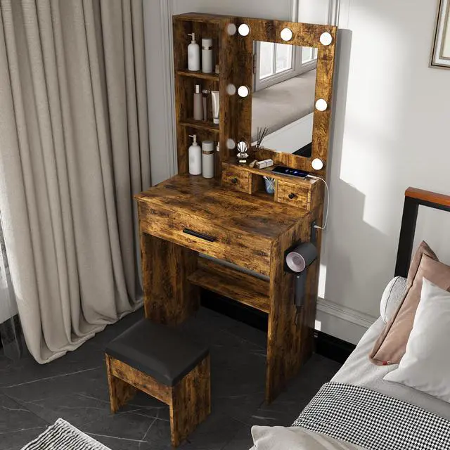 Alt view image 4 of 7 - Vanity Table with Mirror & Adjustable LED Lights, Power Outlet, Hairdryer Holder & Stool Compact Dressing Desk for Small Bedrooms(Vintage)