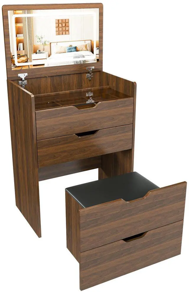 Main image of 3-in-1 Vanity Desk with Lighted Mirror & Stool, Flip Top Makeup Dressing Table, Compact Storage for Bedroom, Bathroom, Dressing Room(23.62"L, Walnut)
