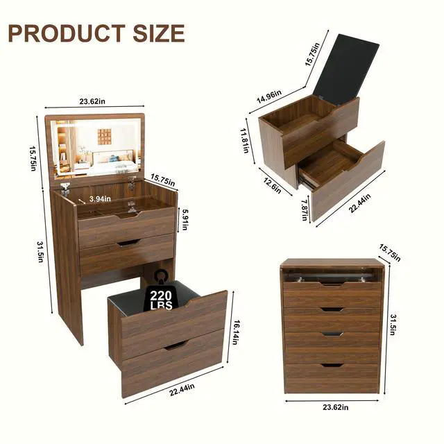 Alt view image 3 of 7 - 3-in-1 Vanity Desk with Lighted Mirror & Stool, Flip Top Makeup Dressing Table, Compact Storage for Bedroom, Bathroom, Dressing Room(23.62"L, Walnut)