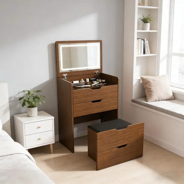 Alt view image 4 of 7 - 3-in-1 Vanity Desk with Lighted Mirror & Stool, Flip Top Makeup Dressing Table, Compact Storage for Bedroom, Bathroom, Dressing Room(23.62"L, Walnut)