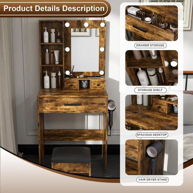 Alt view image 6 of 7 - Vanity Table with Mirror & Adjustable LED Lights, Power Outlet, Hairdryer Holder & Stool Compact Dressing Desk for Small Bedrooms(Vintage)