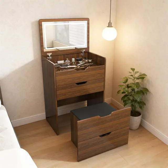 Alt view image 2 of 7 - 3-in-1 Vanity Desk with Lighted Mirror & Stool, Flip Top Makeup Dressing Table, Compact Storage for Bedroom, Bathroom, Dressing Room(23.62"L, Walnut)