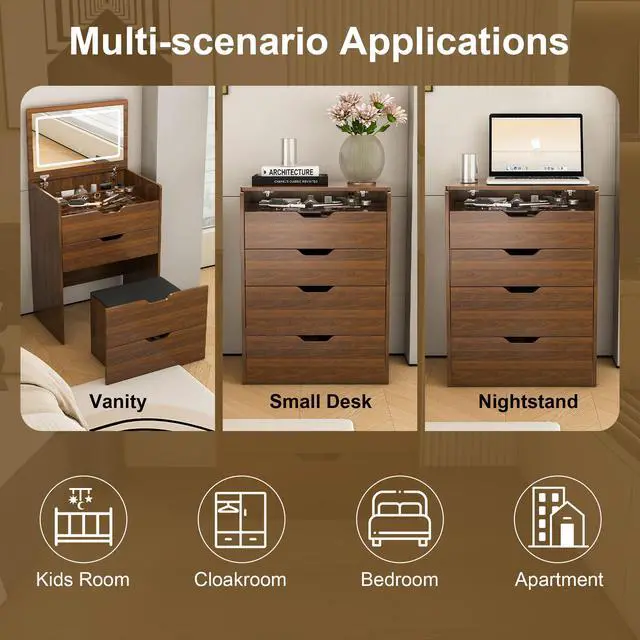 Alt view image 6 of 7 - 3-in-1 Vanity Desk with Lighted Mirror & Stool, Flip Top Makeup Dressing Table, Compact Storage for Bedroom, Bathroom, Dressing Room(23.62"L, Walnut)
