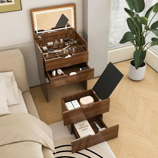 Alt view image 5 of 7 - 3-in-1 Vanity Desk with Lighted Mirror & Stool, Flip Top Makeup Dressing Table, Compact Storage for Bedroom, Bathroom, Dressing Room(23.62"L, Walnut)