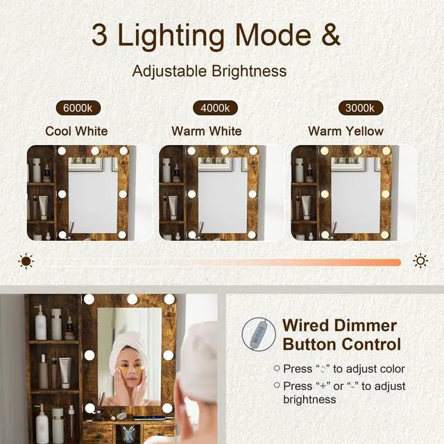 Alt view image 7 of 7 - Vanity Table with Mirror & Adjustable LED Lights, Power Outlet, Hairdryer Holder & Stool Compact Dressing Desk for Small Bedrooms(Vintage)