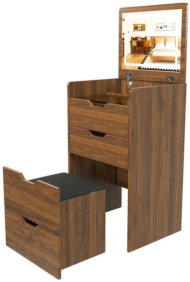Main image of 3-in-1 Vanity Desk with Lighted Mirror & Stool, Flip Top Makeup Dressing Table, Compact Storage for Bedroom, Bathroom, Dressing Room(18.9"L, Walnut)