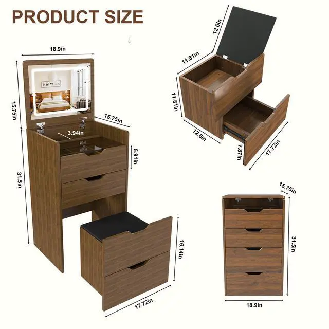 Alt view image 3 of 7 - 3-in-1 Vanity Desk with Lighted Mirror & Stool, Flip Top Makeup Dressing Table, Compact Storage for Bedroom, Bathroom, Dressing Room(18.9"L, Walnut)