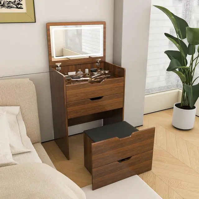Alt view image 7 of 7 - 3-in-1 Vanity Desk with Lighted Mirror & Stool, Flip Top Makeup Dressing Table, Compact Storage for Bedroom, Bathroom, Dressing Room(23.62"L, Walnut)