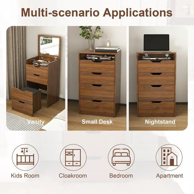 Alt view image 5 of 7 - 3-in-1 Vanity Desk with Lighted Mirror & Stool, Flip Top Makeup Dressing Table, Compact Storage for Bedroom, Bathroom, Dressing Room(18.9"L, Walnut)