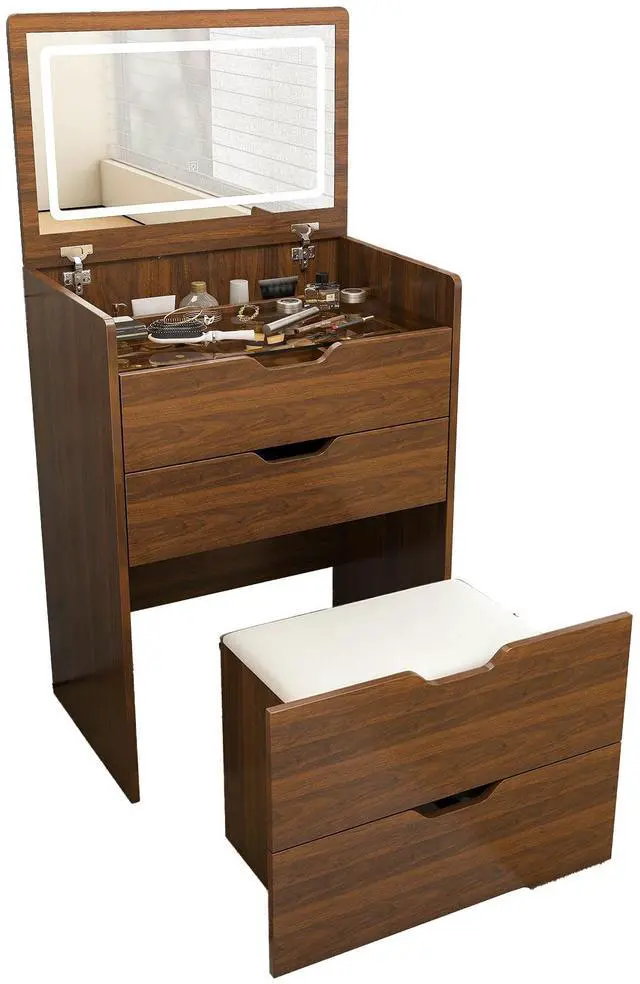 Main image of 3-in-1 Vanity Desk with Flip Top Lighted Mirror & Storage Stool, Compact Makeup Dressing Table for Bedroom, Bathroom, or Dressing Room (23.L, Walnut)