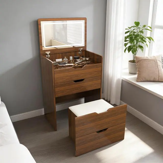 Alt view image 2 of 7 - 3-in-1 Vanity Desk with Flip Top Lighted Mirror & Storage Stool, Compact Makeup Dressing Table for Bedroom, Bathroom, or Dressing Room (23.L, Walnut)