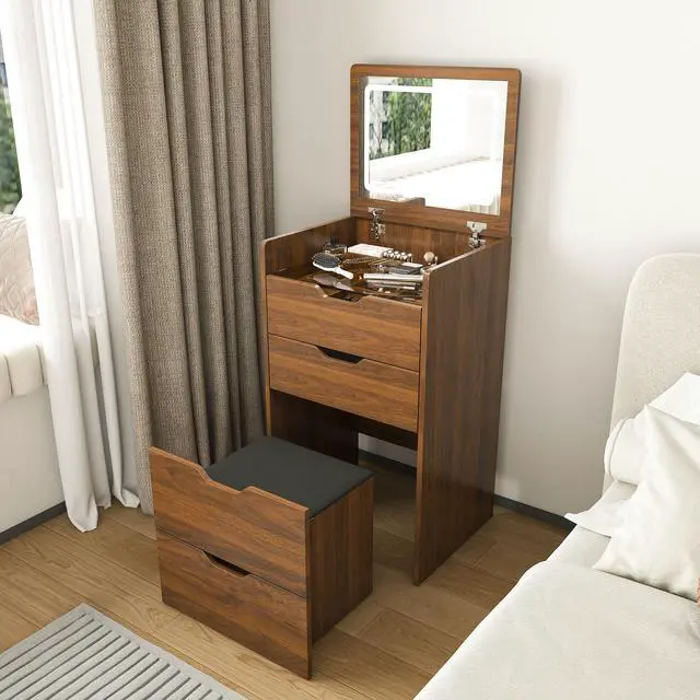 Alt view image 2 of 7 - 3-in-1 Vanity Desk with Lighted Mirror & Stool, Flip Top Makeup Dressing Table, Compact Storage for Bedroom, Bathroom, Dressing Room(18.9"L, Walnut)