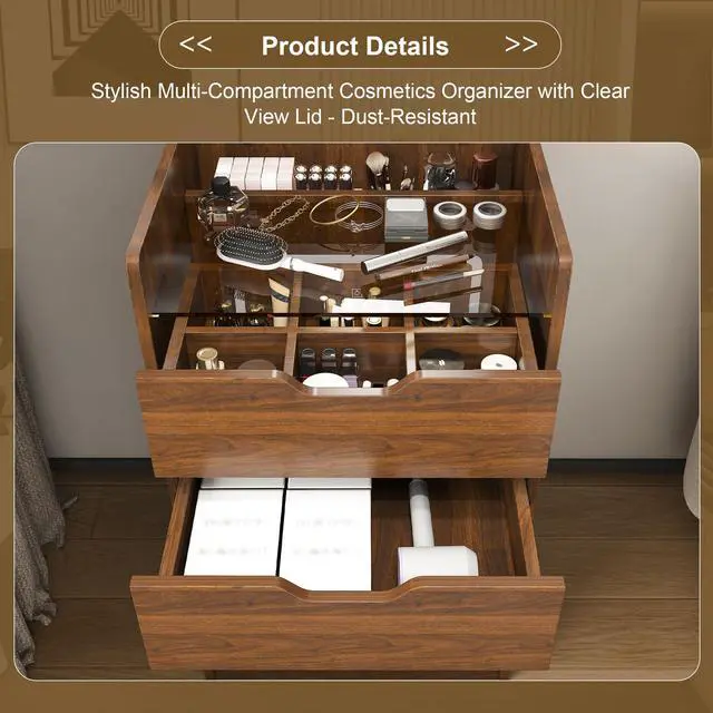 Alt view image 7 of 7 - 3-in-1 Vanity Desk with Lighted Mirror & Stool, Flip Top Makeup Dressing Table, Compact Storage for Bedroom, Bathroom, Dressing Room(18.9"L, Walnut)