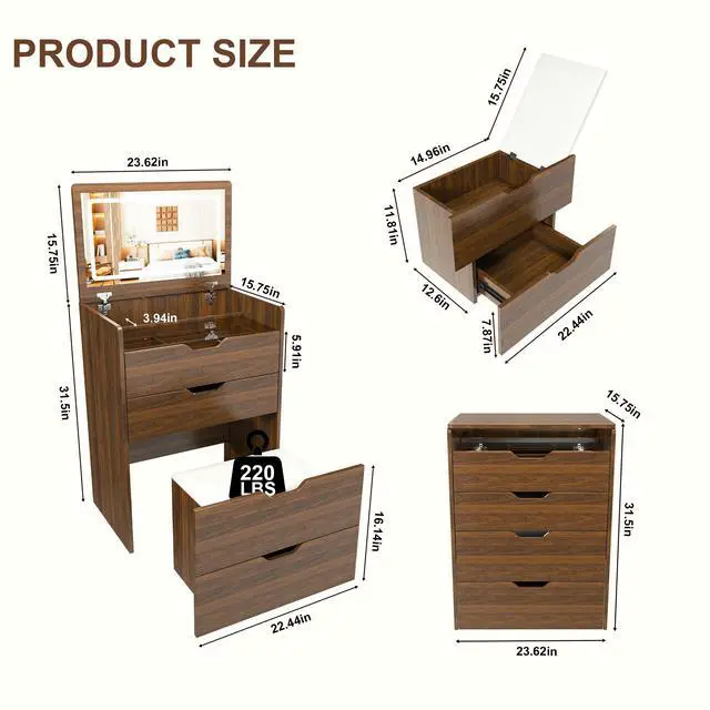 Alt view image 3 of 7 - 3-in-1 Vanity Desk with Flip Top Lighted Mirror & Storage Stool, Compact Makeup Dressing Table for Bedroom, Bathroom, or Dressing Room (23.L, Walnut)