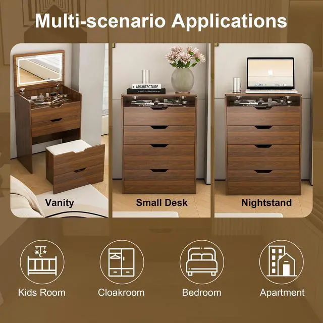 Alt view image 5 of 7 - 3-in-1 Vanity Desk with Flip Top Lighted Mirror & Storage Stool, Compact Makeup Dressing Table for Bedroom, Bathroom, or Dressing Room (23.L, Walnut)