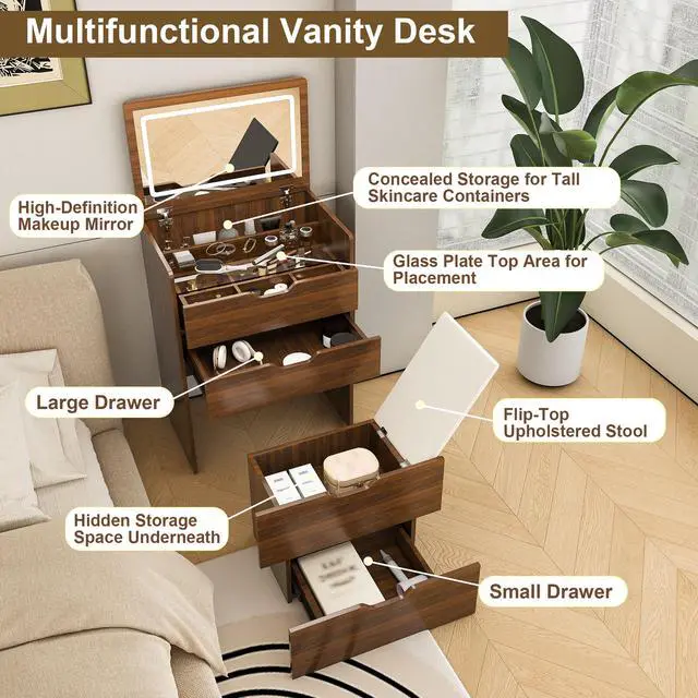 Alt view image 6 of 7 - 3-in-1 Vanity Desk with Flip Top Lighted Mirror & Storage Stool, Compact Makeup Dressing Table for Bedroom, Bathroom, or Dressing Room (23.L, Walnut)