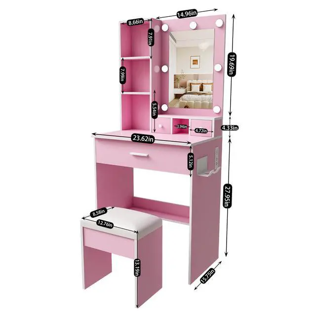 Alt view image 3 of 7 - Vanity Table with Mirror & Adjustable LED Lights, Power Outlet, Hairdryer Holder & Stool Compact Dressing Desk for Small Bedrooms (Pink)