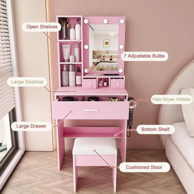 Alt view image 5 of 7 - Vanity Table with Mirror & Adjustable LED Lights, Power Outlet, Hairdryer Holder & Stool Compact Dressing Desk for Small Bedrooms (Pink)