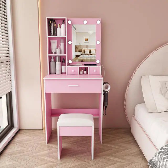 Alt view image 2 of 7 - Vanity Table with Mirror & Adjustable LED Lights, Power Outlet, Hairdryer Holder & Stool Compact Dressing Desk for Small Bedrooms (Pink)