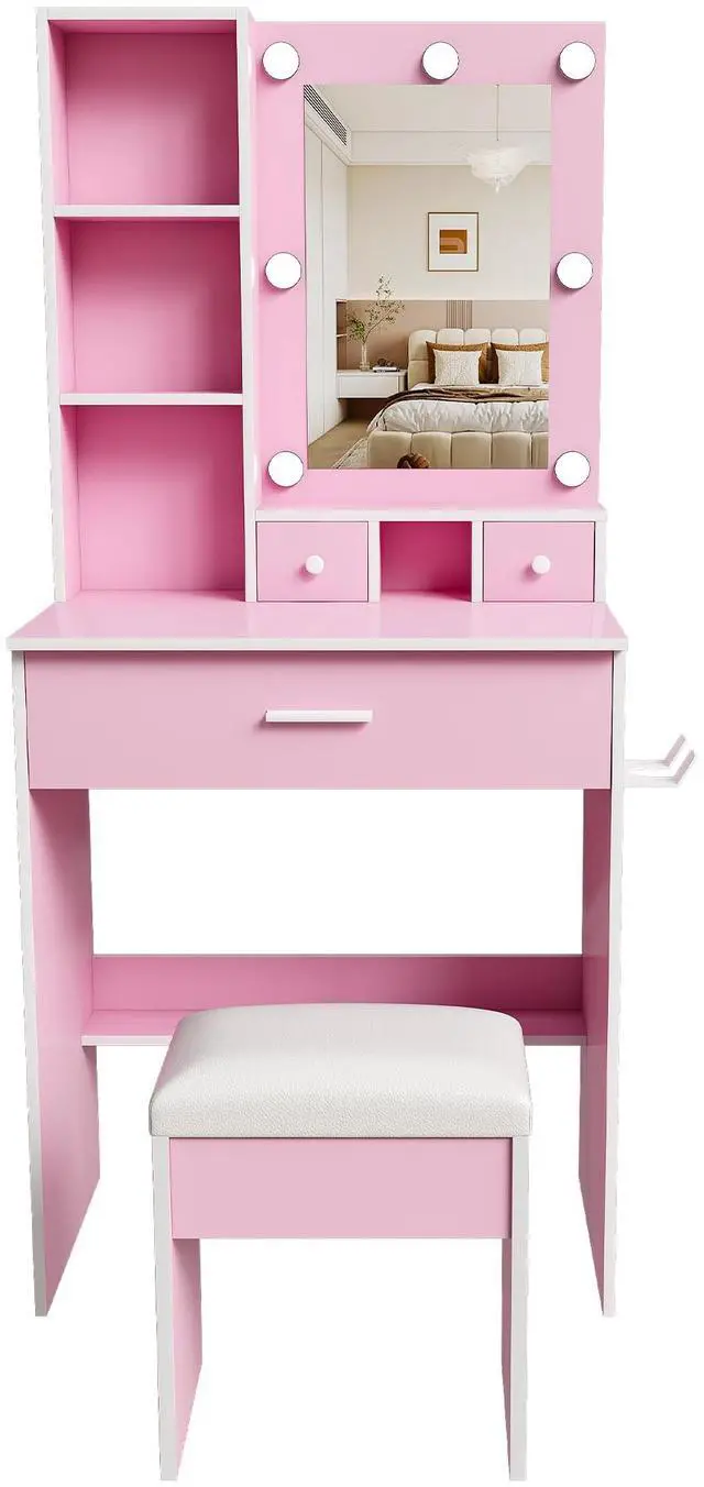 Main image of Vanity Table with Mirror & Adjustable LED Lights, Power Outlet, Hairdryer Holder & Stool Compact Dressing Desk for Small Bedrooms (Pink)