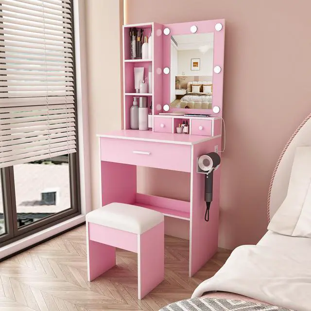 Alt view image 4 of 7 - Vanity Table with Mirror & Adjustable LED Lights, Power Outlet, Hairdryer Holder & Stool Compact Dressing Desk for Small Bedrooms (Pink)