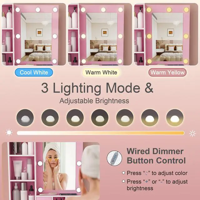 Alt view image 6 of 7 - Vanity Table with Mirror & Adjustable LED Lights, Power Outlet, Hairdryer Holder & Stool Compact Dressing Desk for Small Bedrooms (Pink)