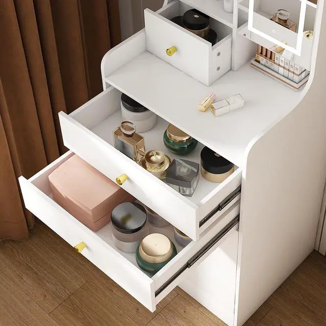 Alt view image 5 of 7 - 3-in-1 Dressing Table with LED Mirror & Storage Stool - Compact Makeup Vanity with 4 Drawers, Storage Cabinet & Hidden Stool, White Density Board Design, Open Bookshelf for Bedroom Organization