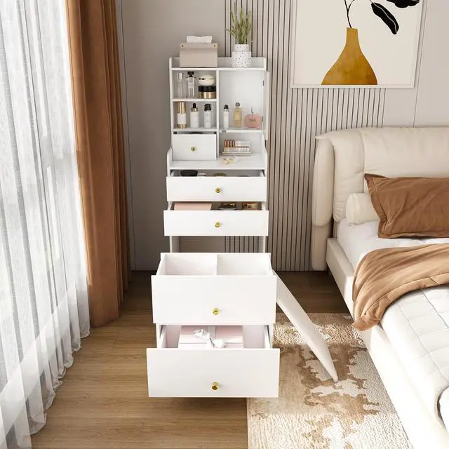 Alt view image 2 of 7 - 3-in-1 Dressing Table with LED Mirror & Storage Stool - Compact Makeup Vanity with 4 Drawers, Storage Cabinet & Hidden Stool, White Density Board Design, Open Bookshelf for Bedroom Organization