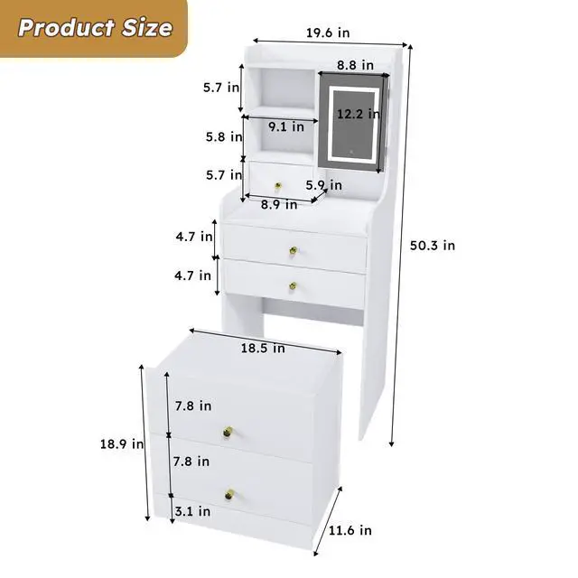 Alt view image 3 of 7 - 3-in-1 Dressing Table with LED Mirror & Storage Stool - Compact Makeup Vanity with 4 Drawers, Storage Cabinet & Hidden Stool, White Density Board Design, Open Bookshelf for Bedroom Organization