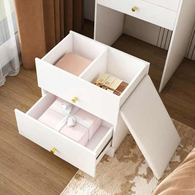 Alt view image 7 of 7 - 3-in-1 Dressing Table with LED Mirror & Storage Stool - Compact Makeup Vanity with 4 Drawers, Storage Cabinet & Hidden Stool, White Density Board Design, Open Bookshelf for Bedroom Organization