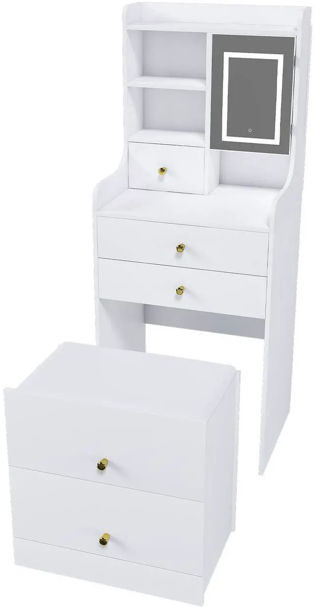 Main image of 3-in-1 Dressing Table with LED Mirror & Storage Stool - Compact Makeup Vanity with 4 Drawers, Storage Cabinet & Hidden Stool, White Density Board Design, Open Bookshelf for Bedroom Organization