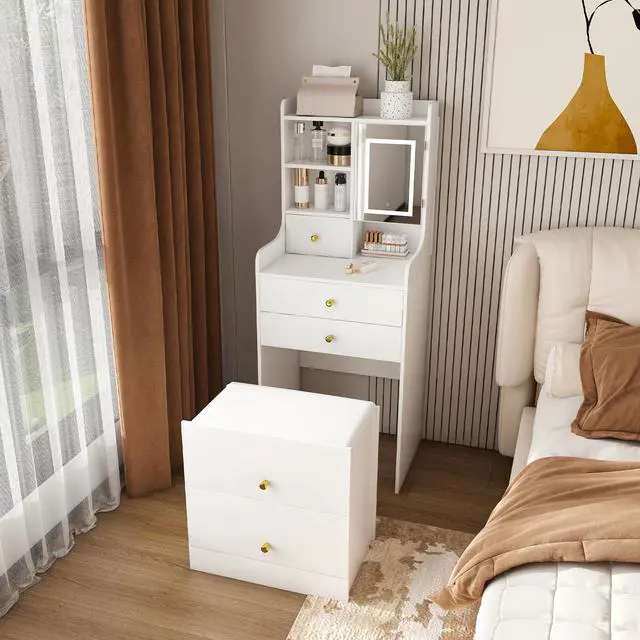 Alt view image 4 of 7 - 3-in-1 Dressing Table with LED Mirror & Storage Stool - Compact Makeup Vanity with 4 Drawers, Storage Cabinet & Hidden Stool, White Density Board Design, Open Bookshelf for Bedroom Organization