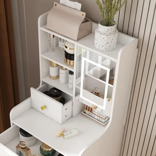 Alt view image 6 of 7 - 3-in-1 Dressing Table with LED Mirror & Storage Stool - Compact Makeup Vanity with 4 Drawers, Storage Cabinet & Hidden Stool, White Density Board Design, Open Bookshelf for Bedroom Organization