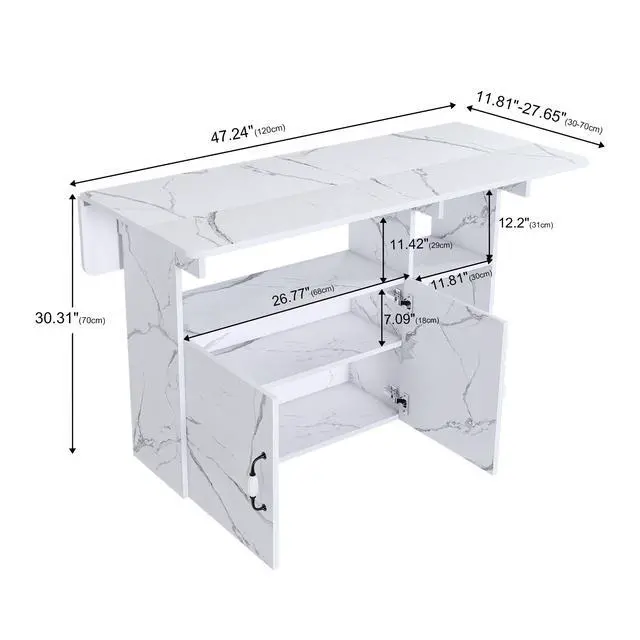 Alt view image 3 of 7 - Multi-Functional Folding Table with Storage Shelves and Wheels, 47 Inch Foldable Dining Table for Small Spaces, Compact Desk for Kitchen, Dorm, Office(White)